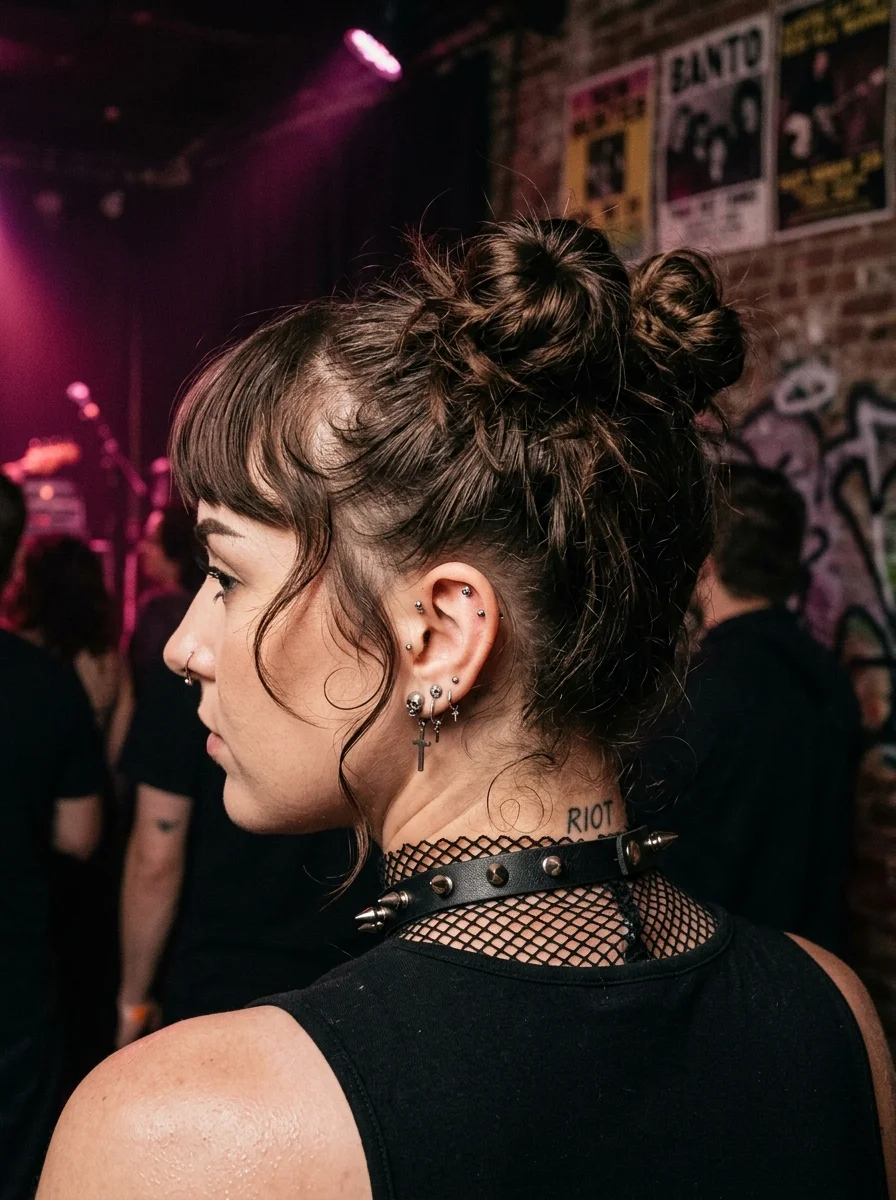 Messy Double Space Buns with Wispy Bangs