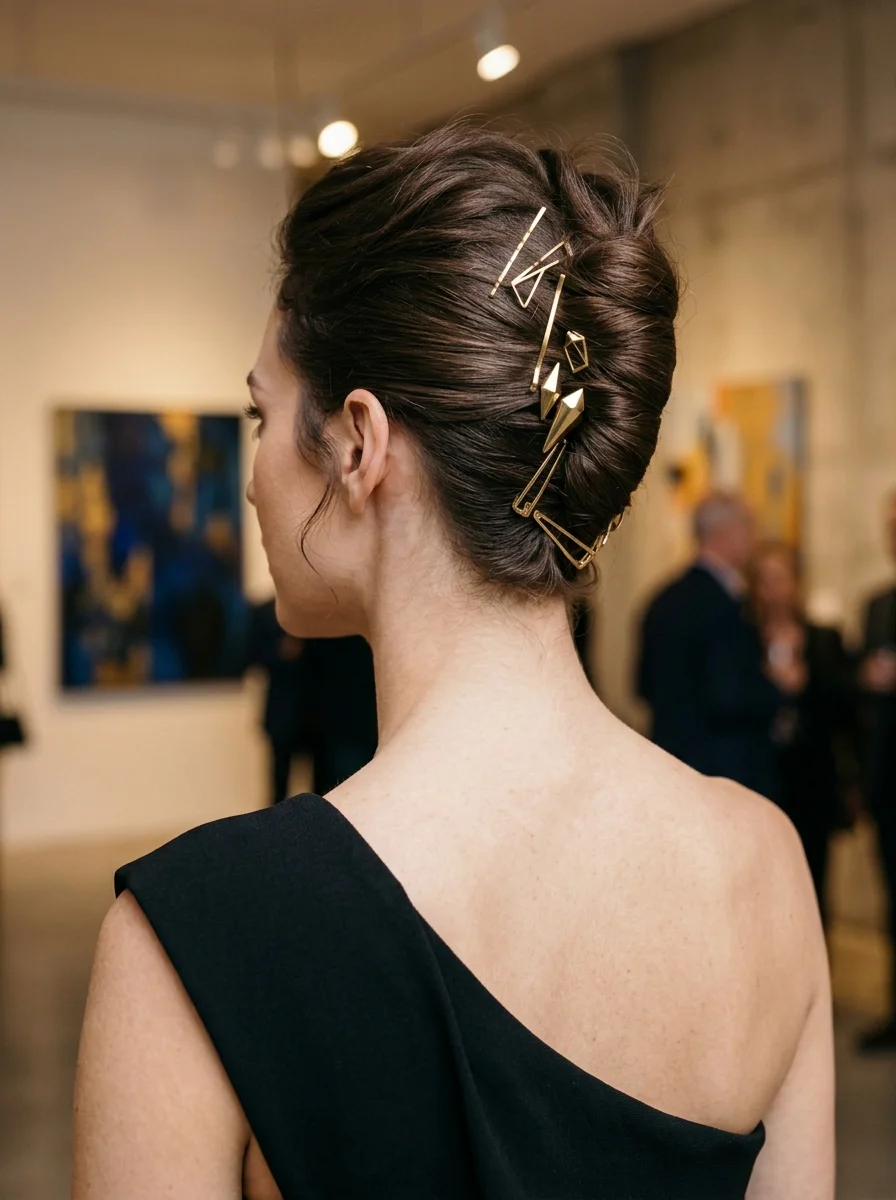 Chic Geometric Updo with Gold Bar Pins