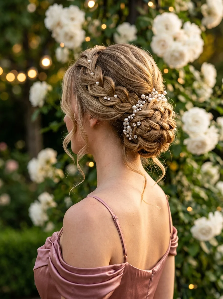 Bohemian Braided Updo with Pearl Embellishments