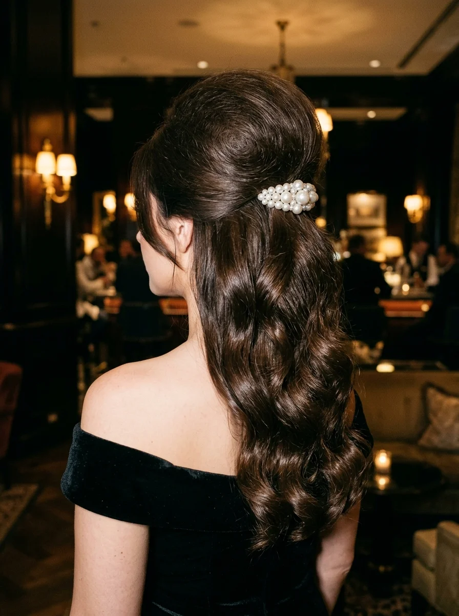 Glamorous Bouffant Half-Up with Cascading Waves & Pearl Accent