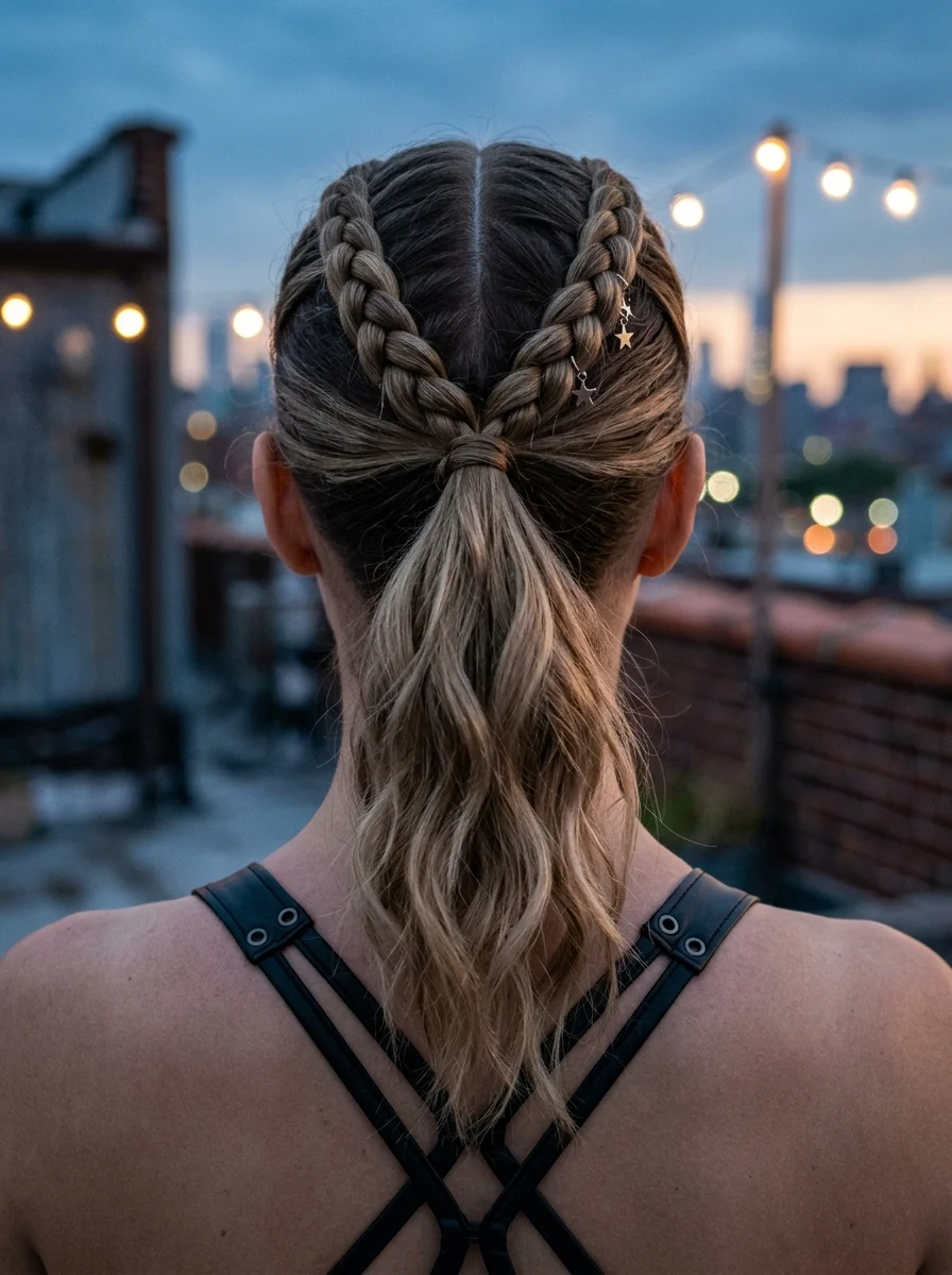 Double Dutch Braids into a Wavy Ponytail with Star Charms