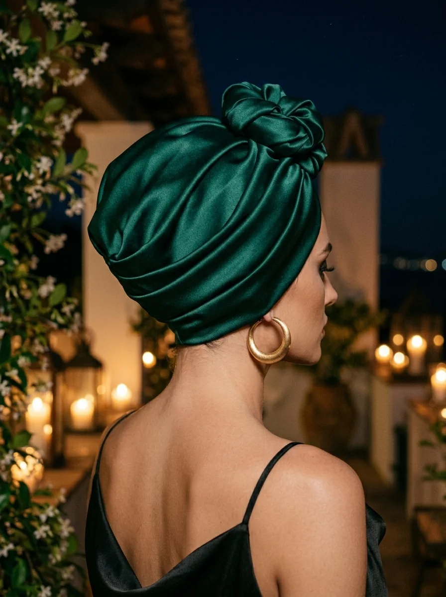 Emerald Opulence: Satin Turban Knot