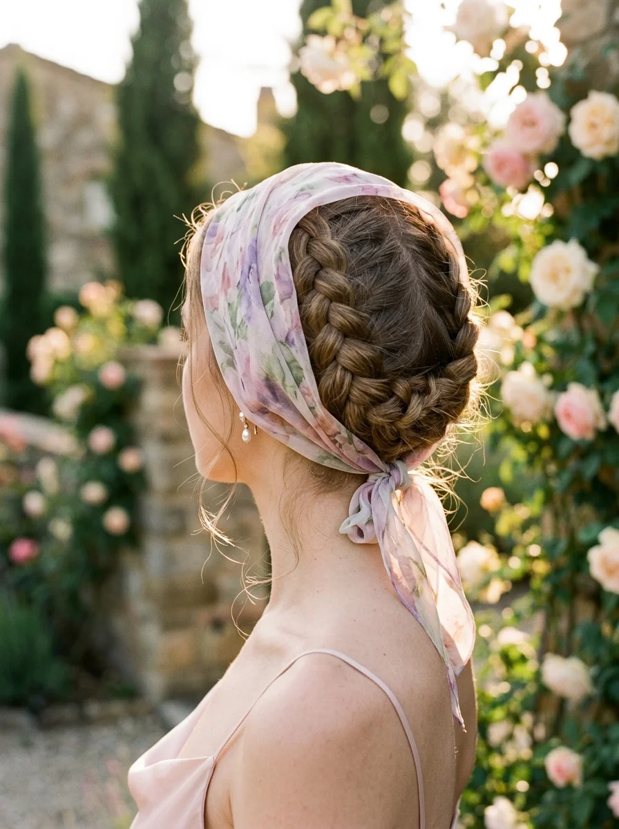 Tuscan Garden Party: Floral Scarf Braided Bun
