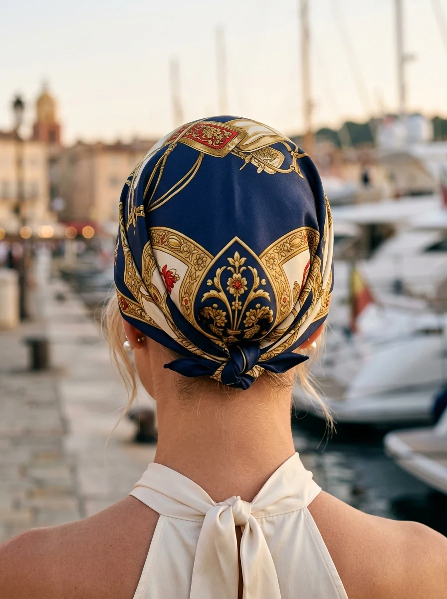 Portofino Chic: Equestrian Print Head Scarf