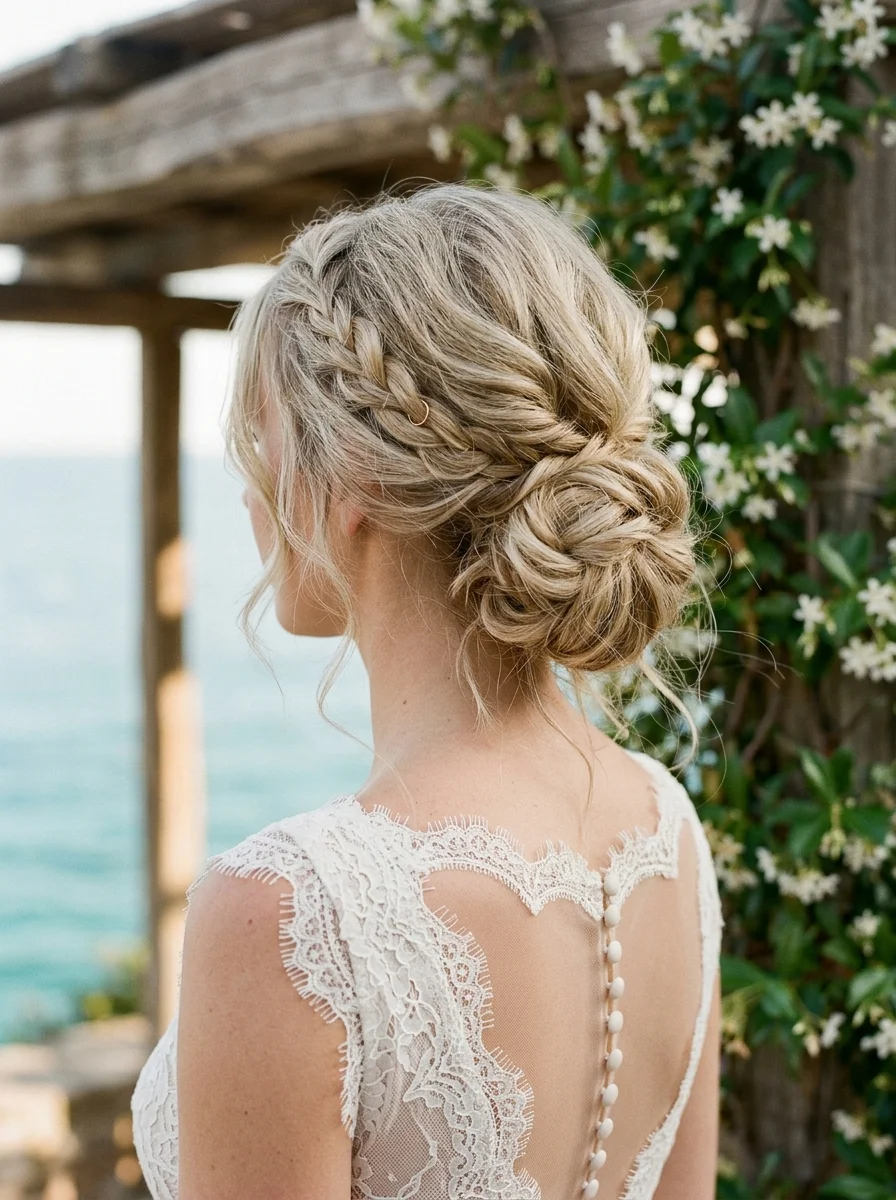 Braided Crown Updo with Textured Bun