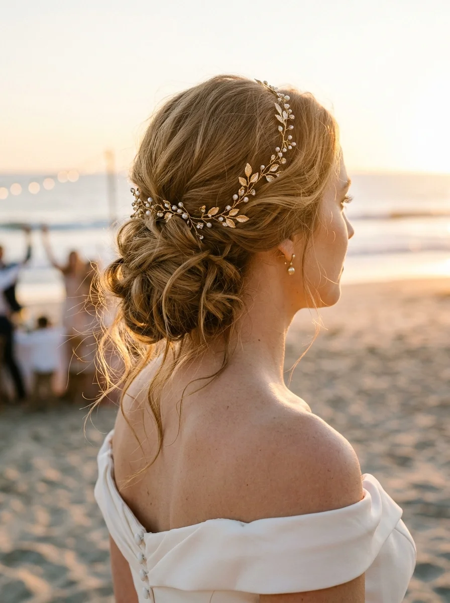 Romantic Beachy Updo with a Golden Leaf Crown