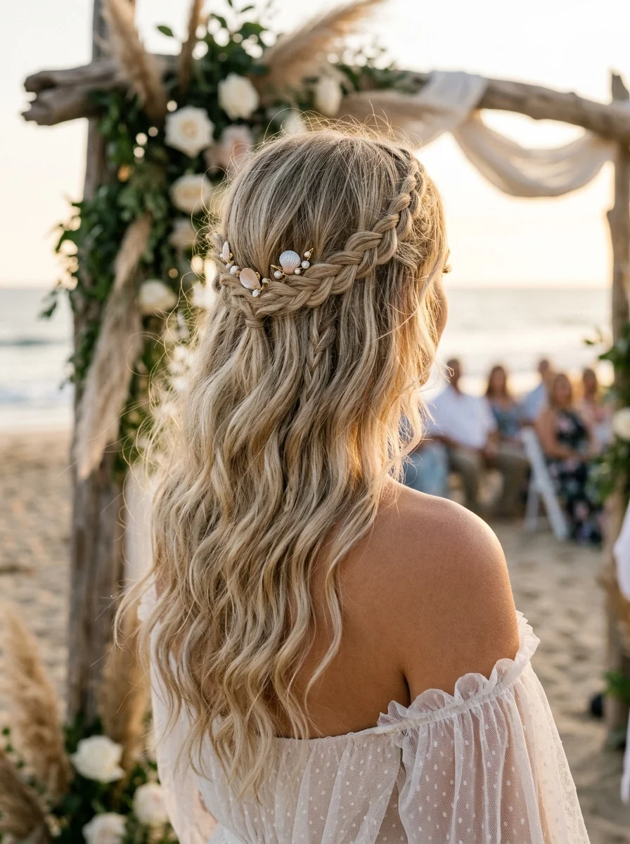 Braided Crown with Loose Waves and Seashell Accents