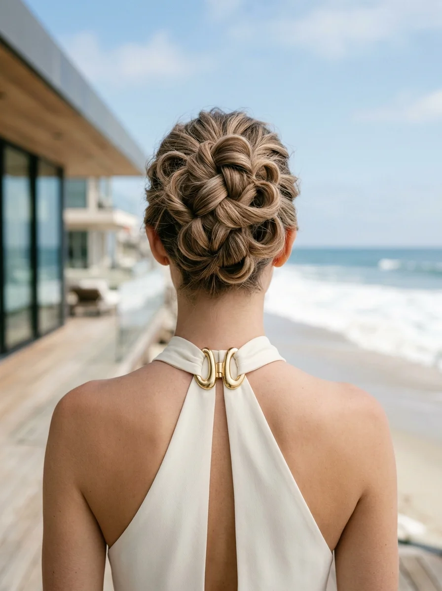 Intricate Braided Flower Updo for Beach Weddings