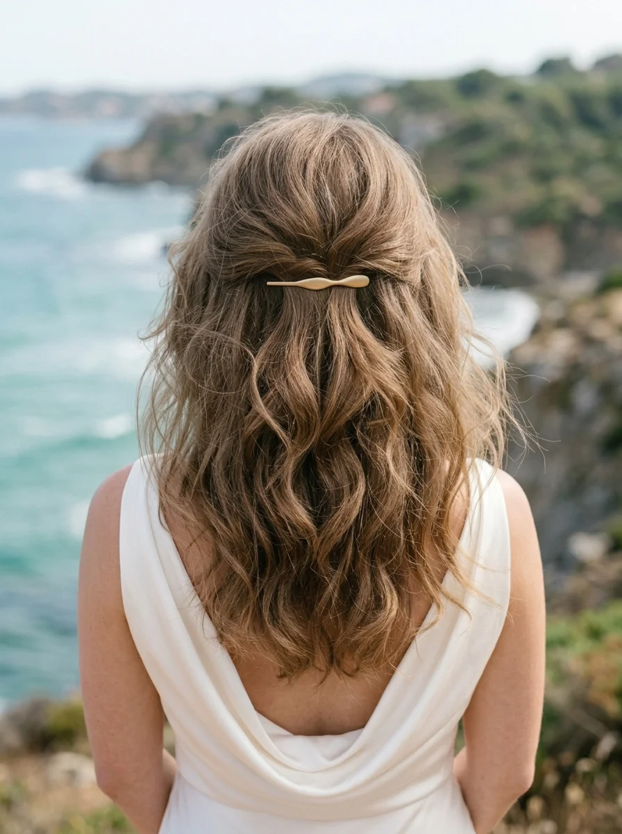 Effortless Waves Half-Up with Chic Wooden Barrette