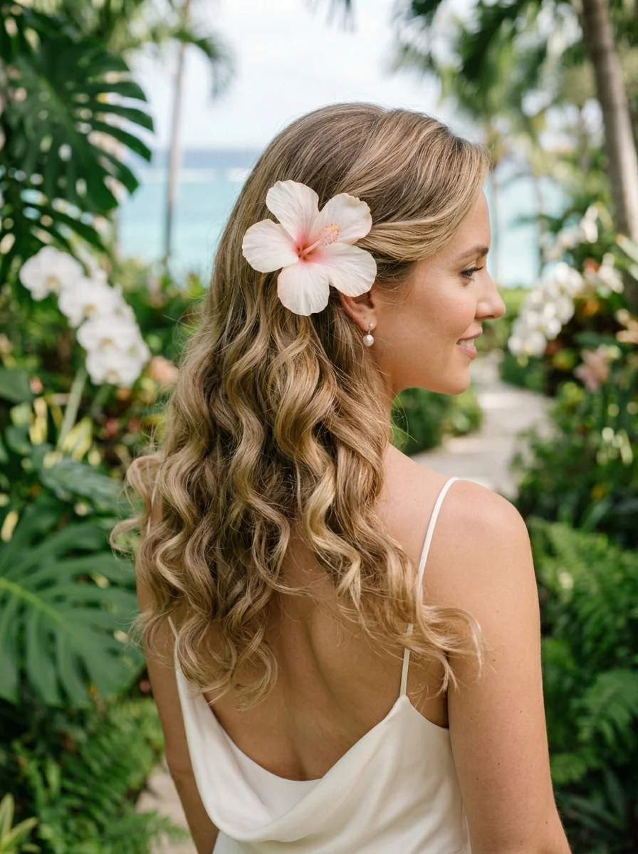 Tropical Beach Waves with a Hibiscus Bloom