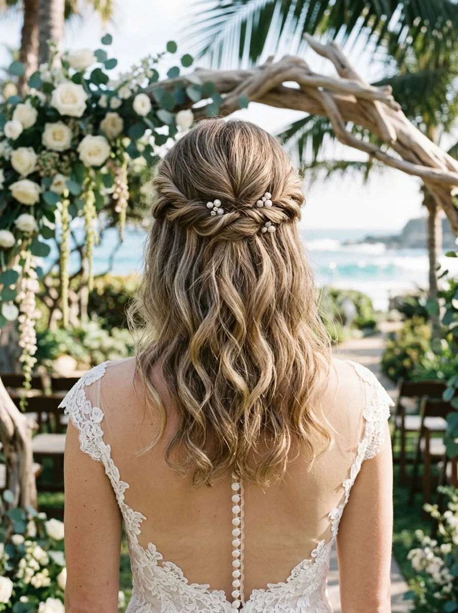 Twisted Half-Up with Pearls for Beachy Waves