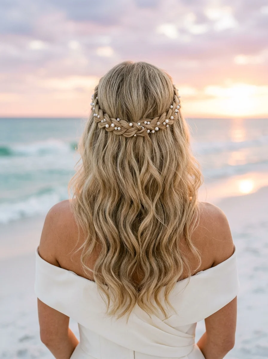 Braided Pearl Crown with Loose Waves