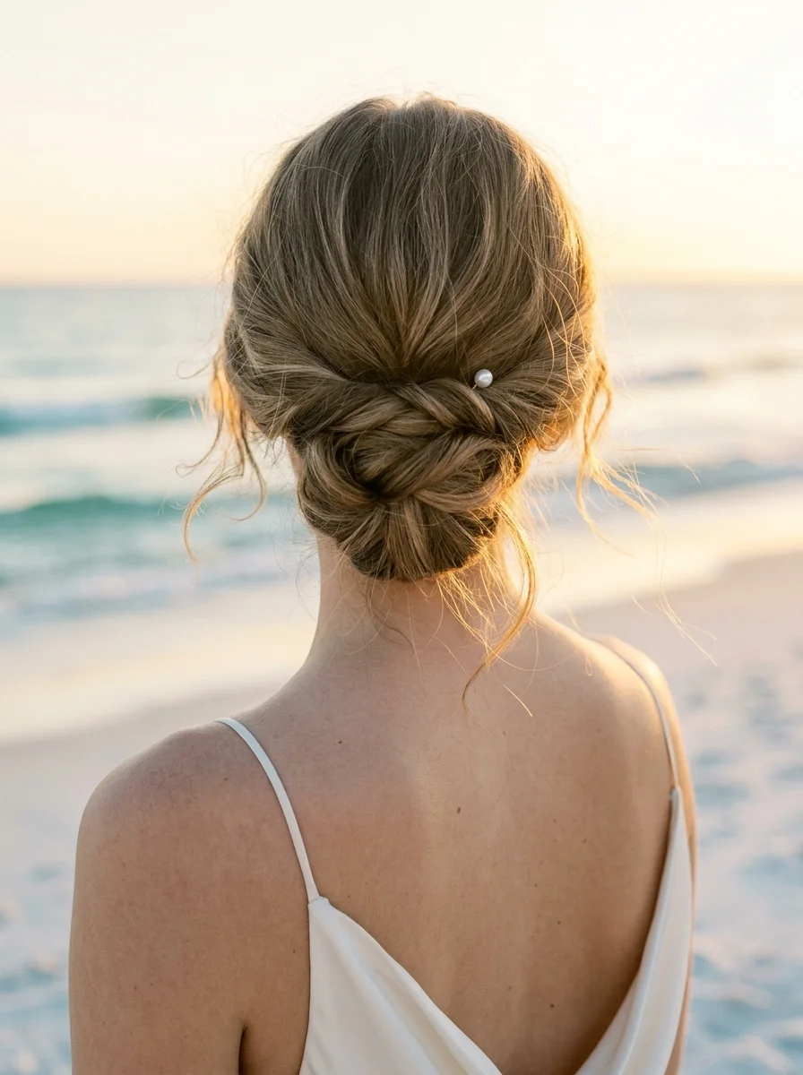 Effortless Beachy Twist Updo with a Pearl Accent