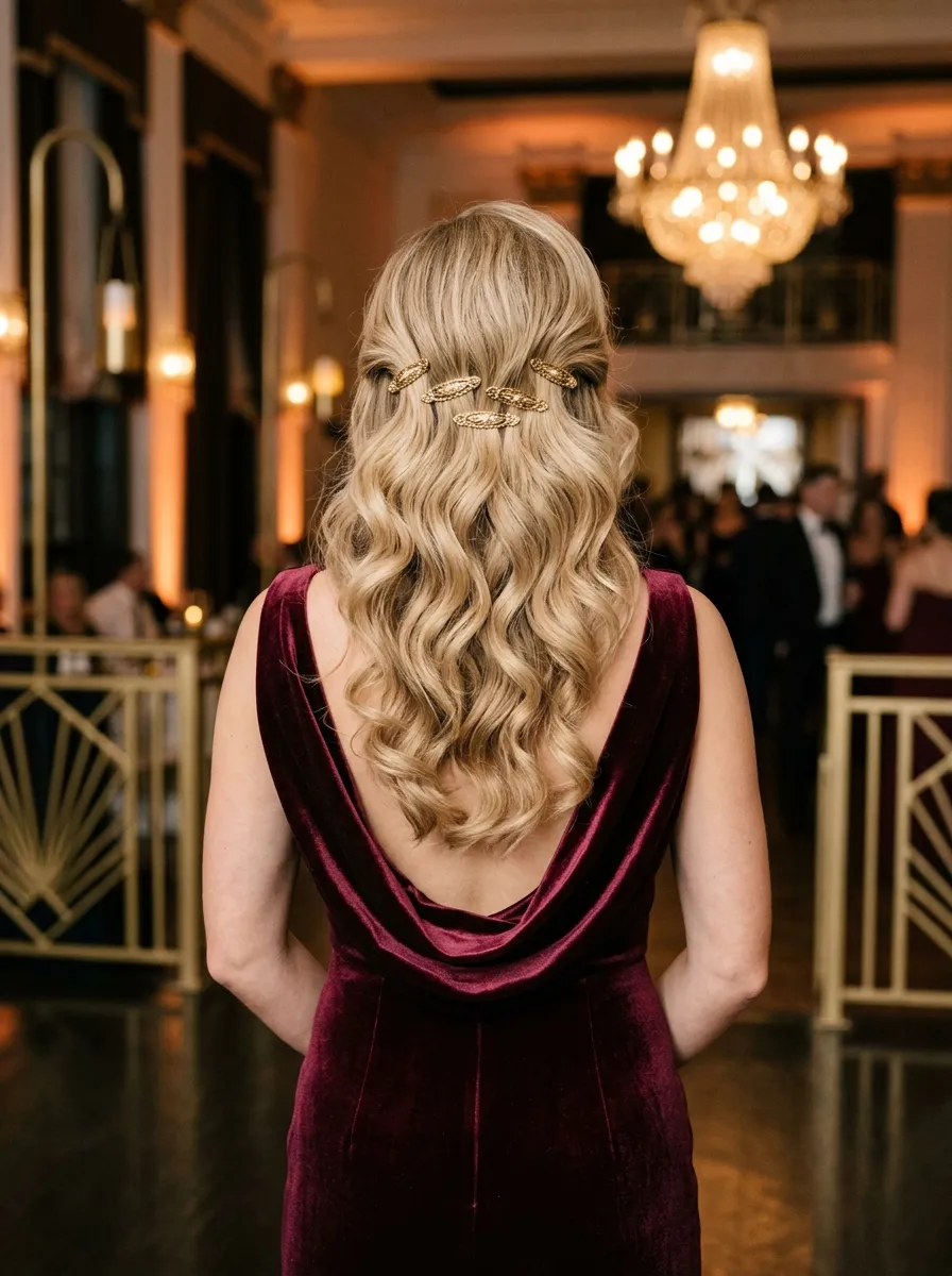 Glamorous Wavy Half-Up with Vintage Sparkle