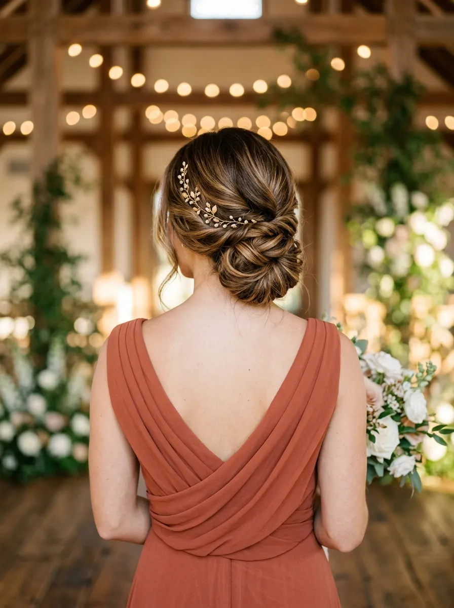 Braided Low Chignon with a Golden Leaf Hairpiece
