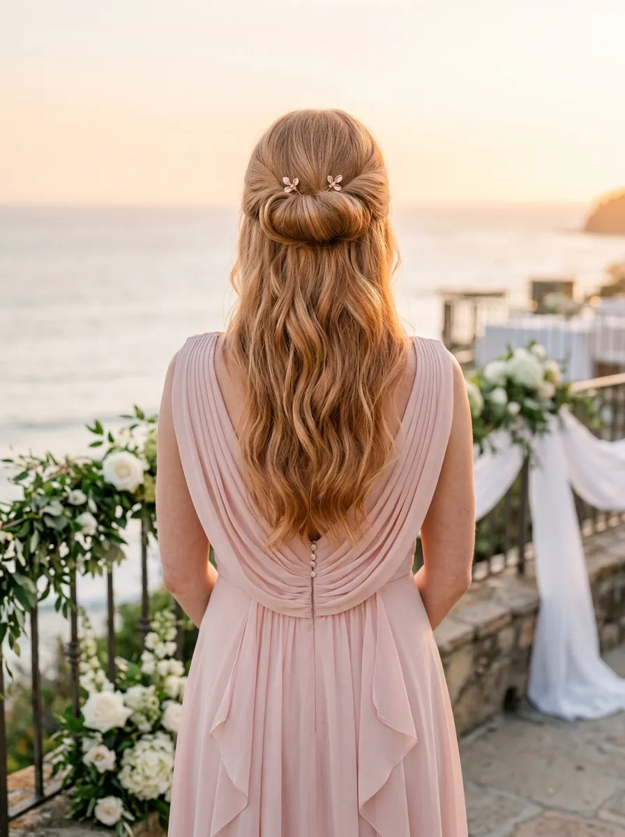 Golden Hour Half-Up Twist with a Low Bun & Sparkle