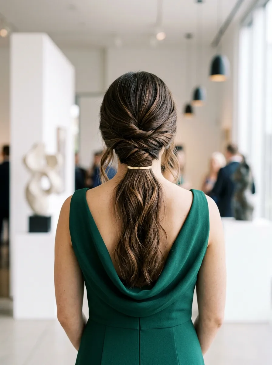 Elegant Twisted Low Ponytail with a Golden Bar Clip