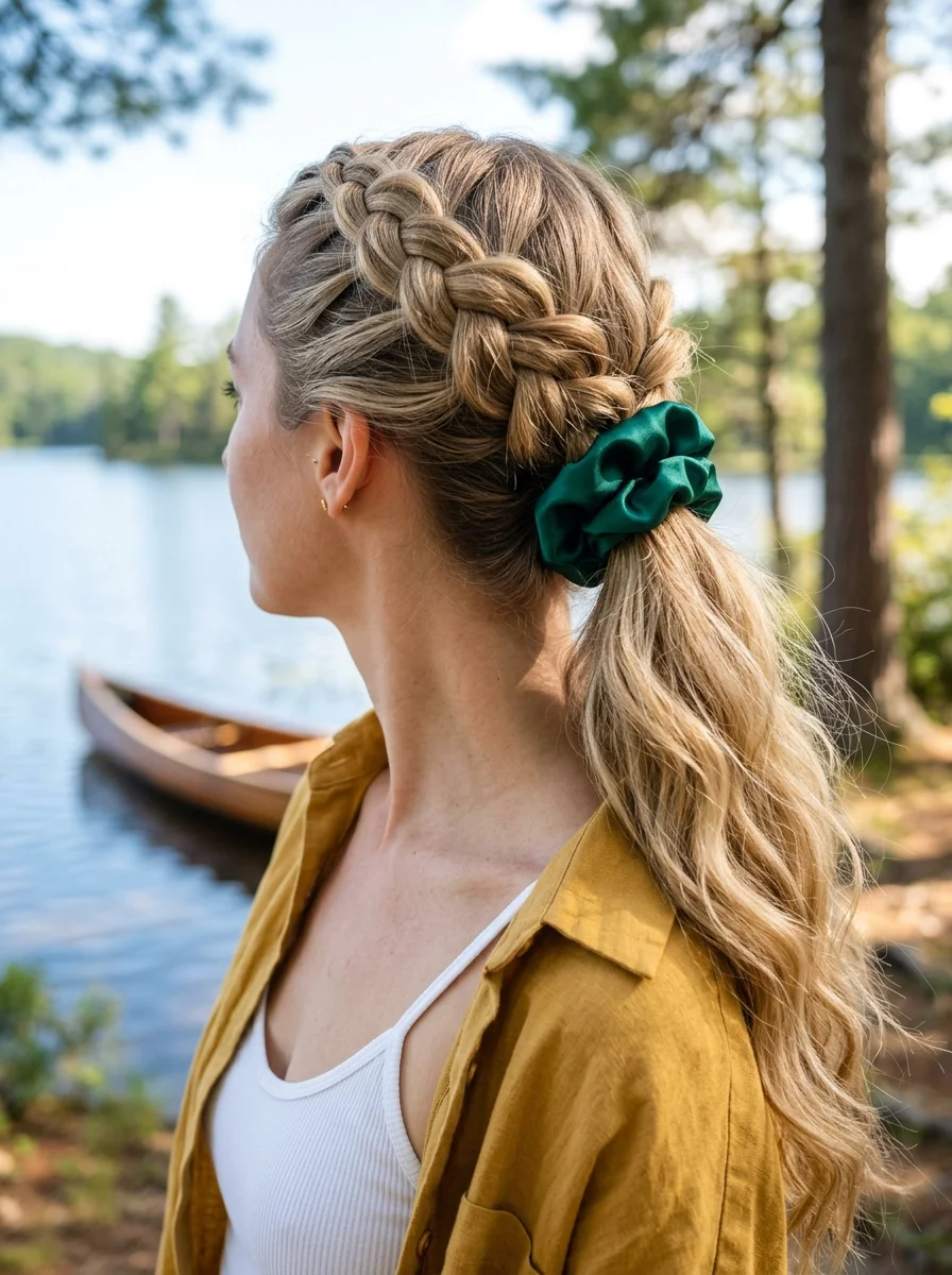 Double Braids into Low Ponytail with Scrunchie
