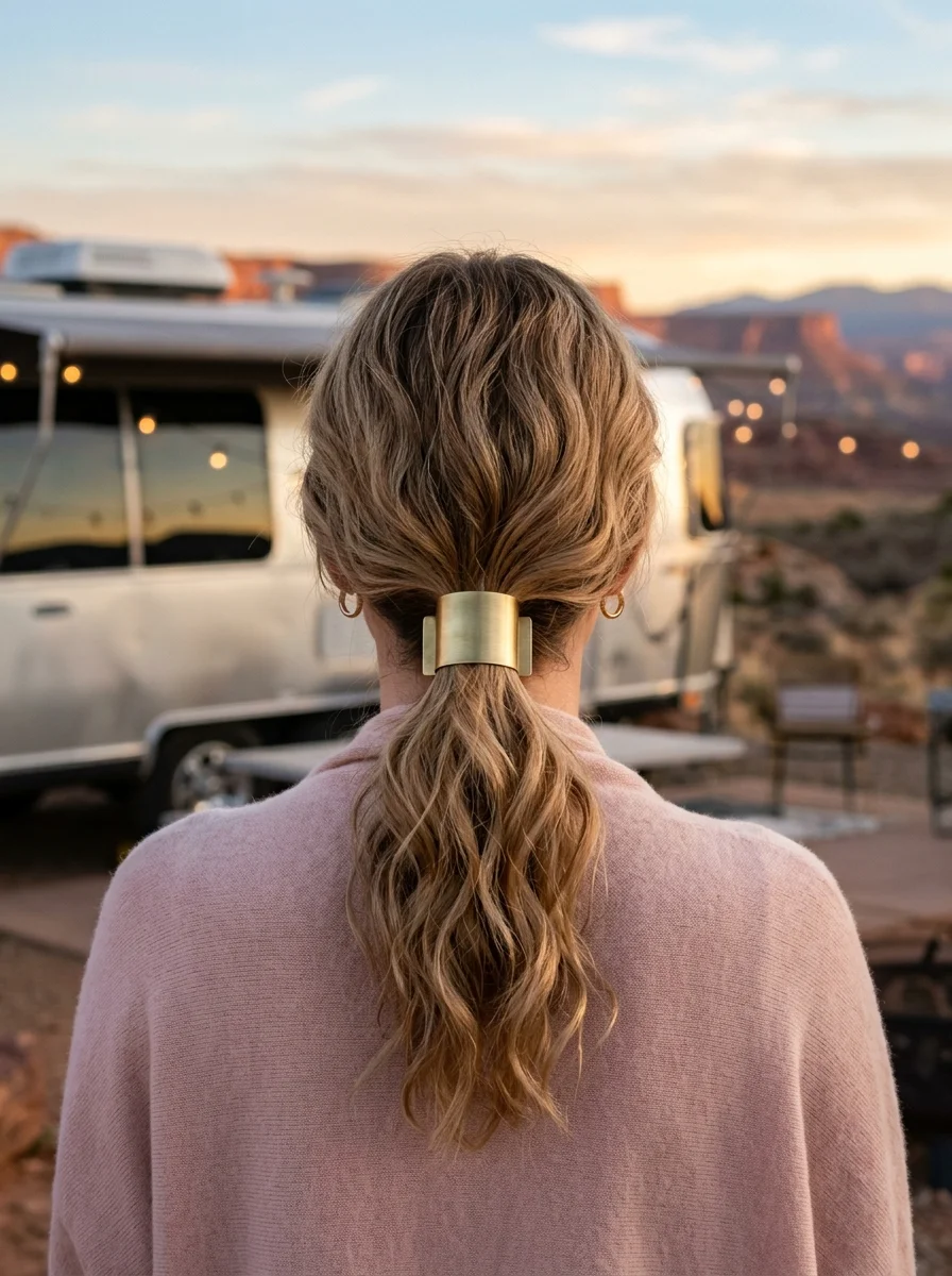 Low Ponytail with Gold Metal Cuff