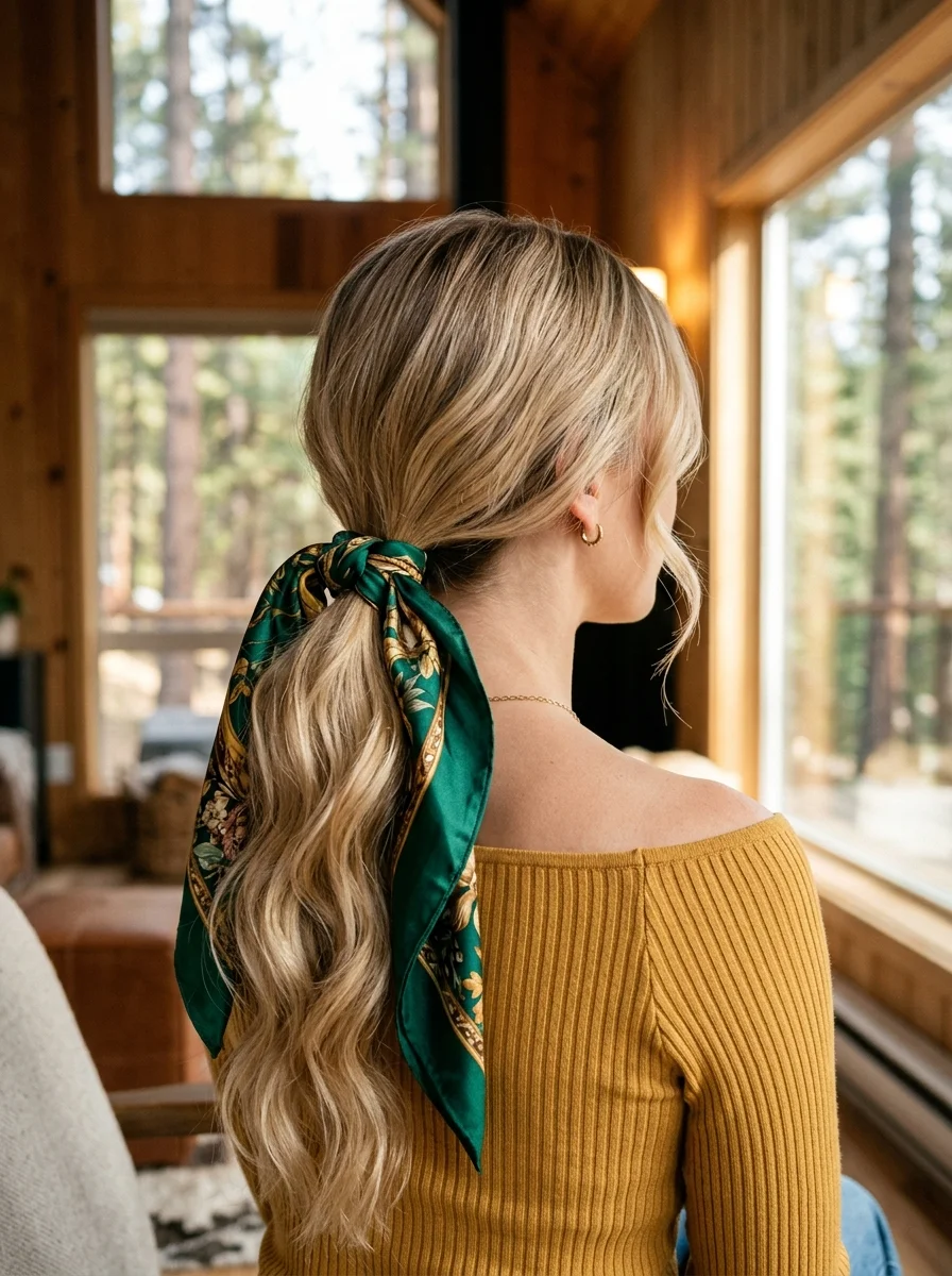 Low Wavy Ponytail with Silk Scarf