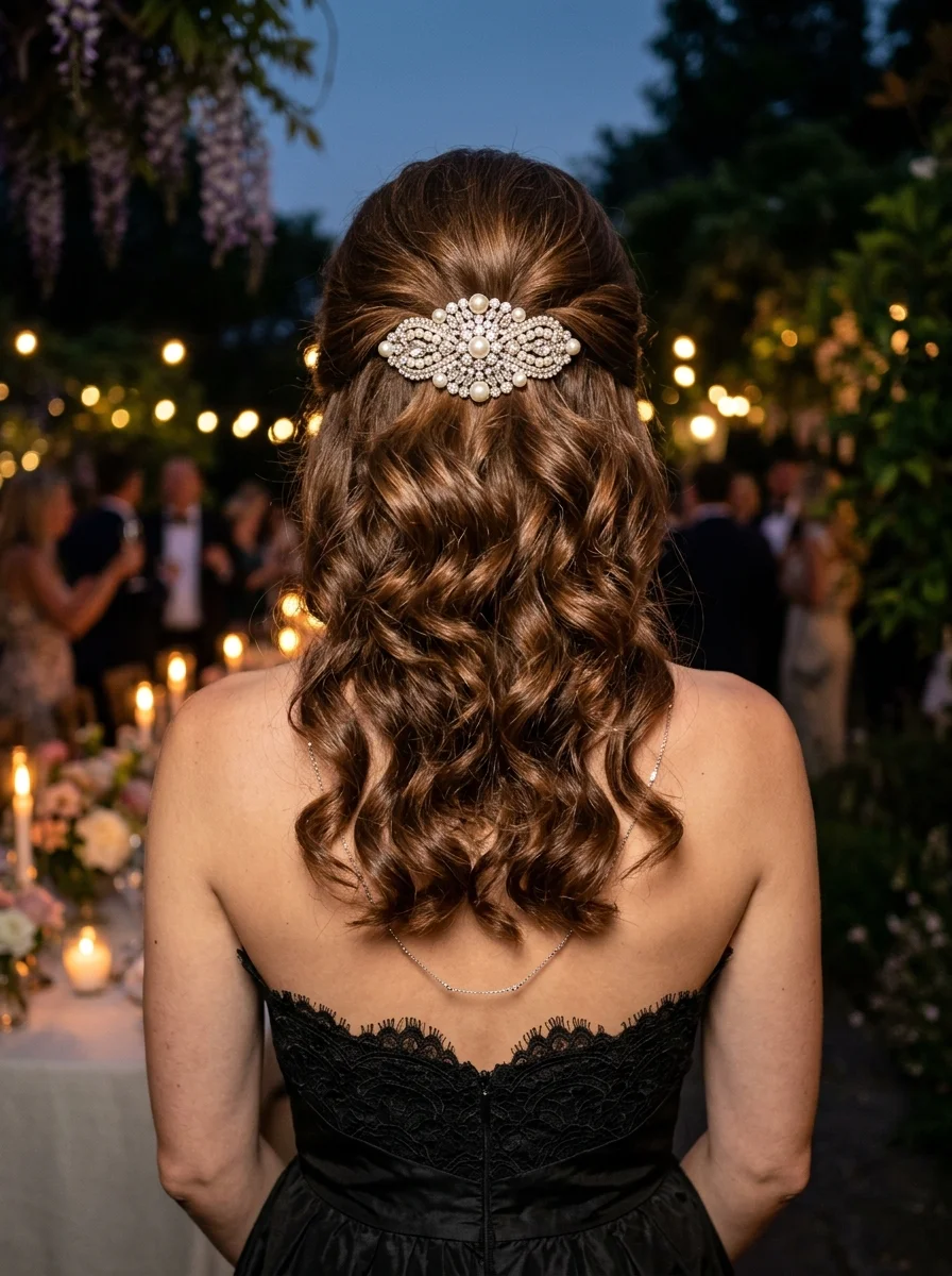 Elegant Half-Up Curls with Vintage Sparkle Clip