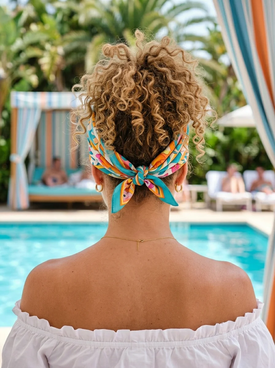 High Curly Ponytail with a Vibrant Scarf Tie