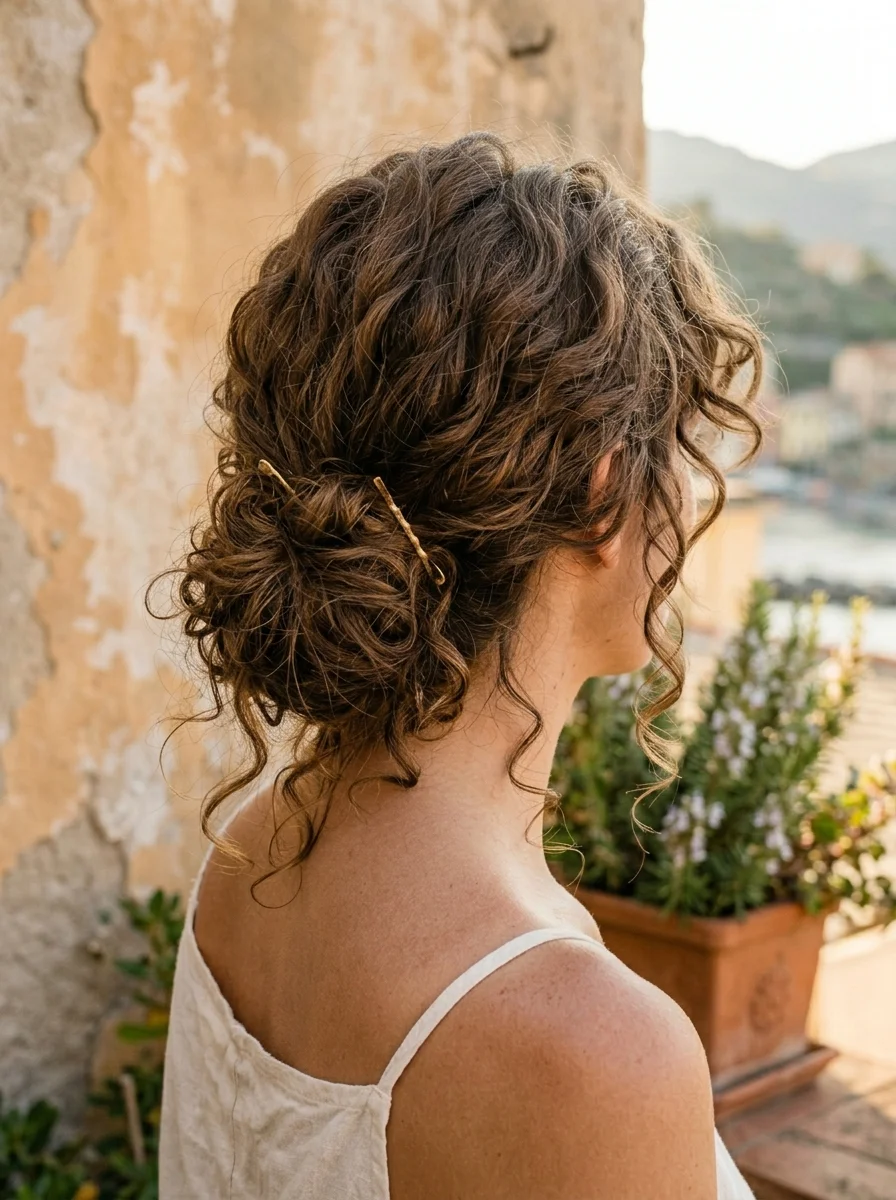 Effortless Tousled Updo with Delicate Gold Pins