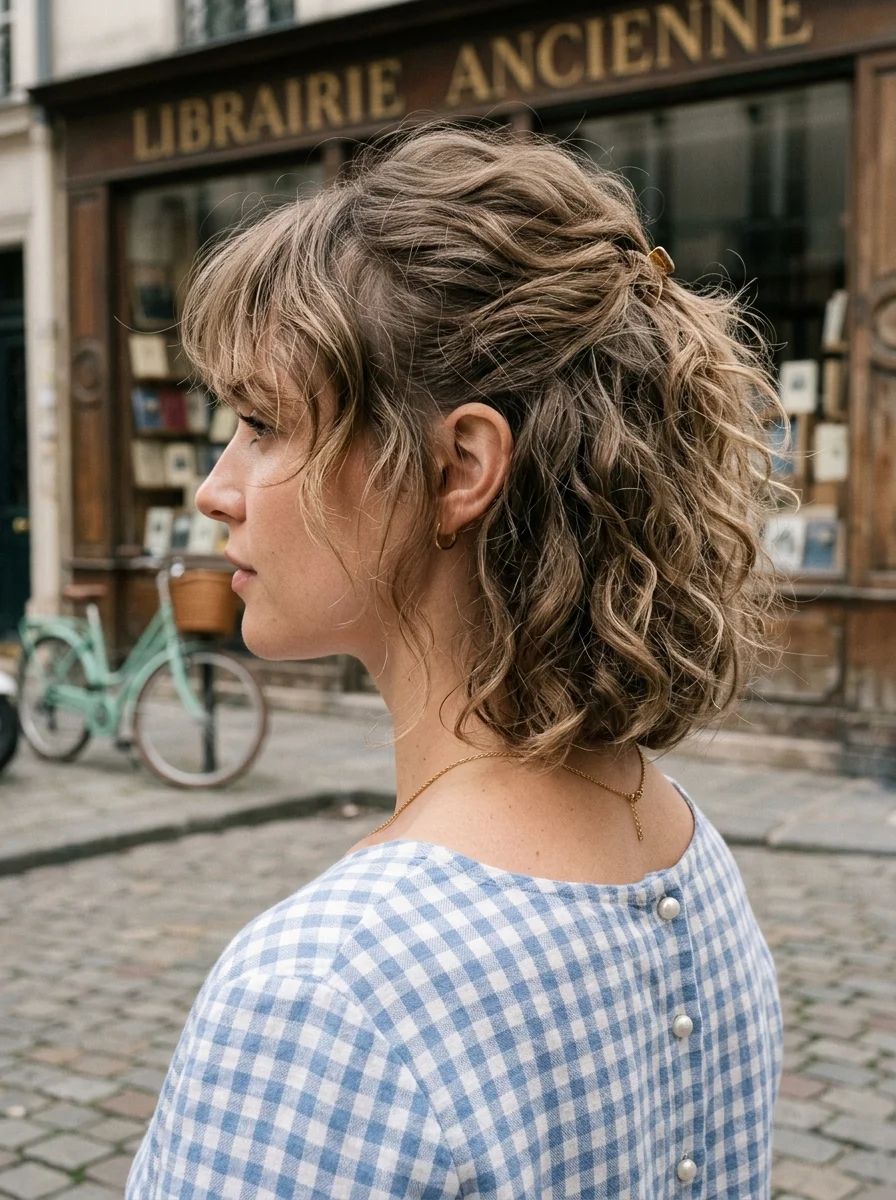 Effortless Curly Bob with Tousled Bangs