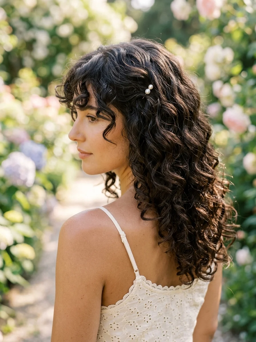 Effortless Curly Waves with Pearl Pin Accent