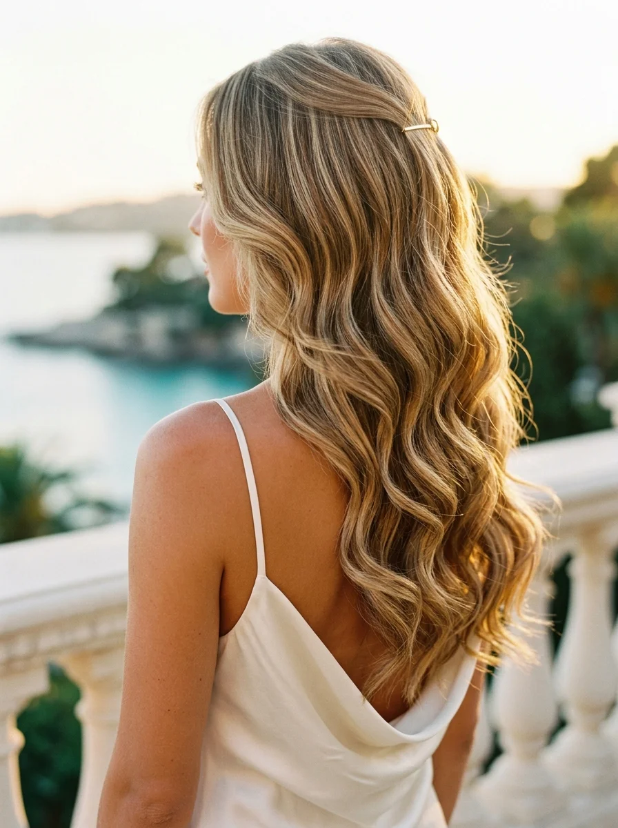 Golden Hour Waves with a Chic Half-Up Twist