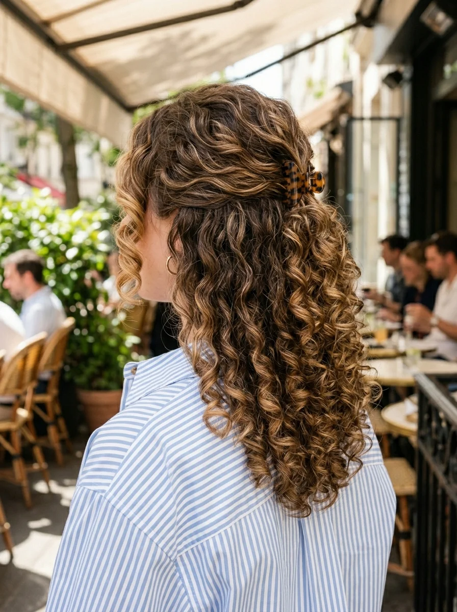 Half-Up Curly Crown with Tortoiseshell Claw Clip