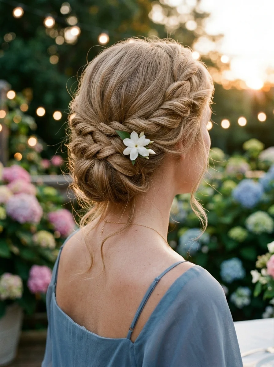Bohemian Braided Updo with a Touch of Nature