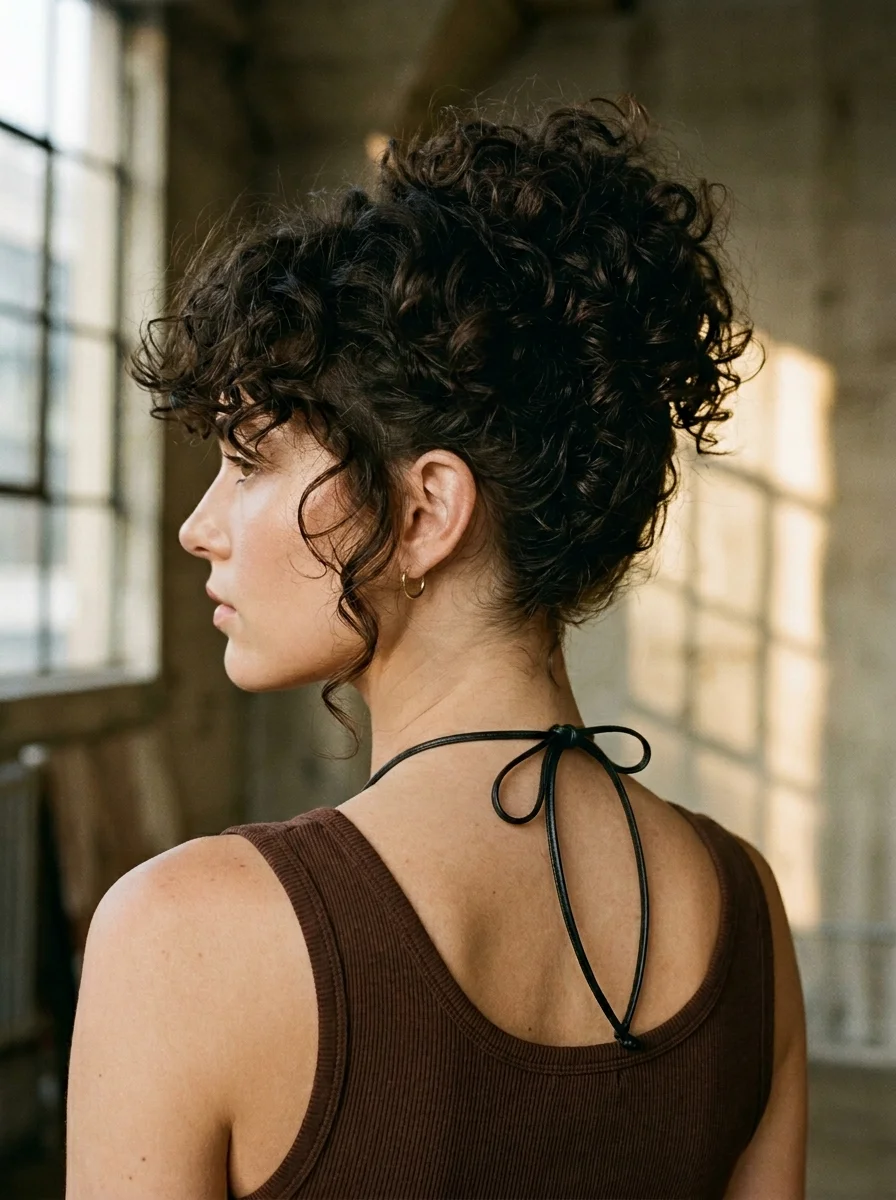 Effortless Curly Updo with Face-Framing Tendrils