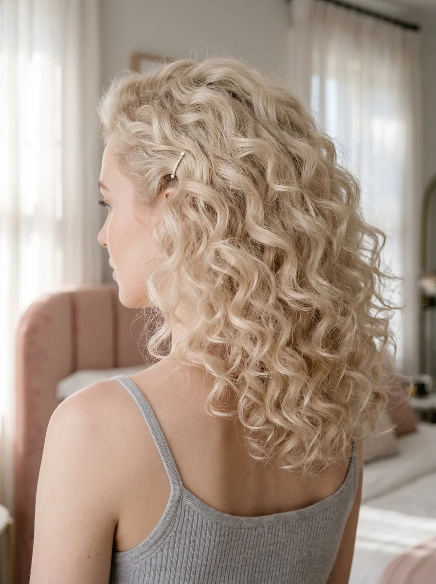 Golden Blonde Beachy Curls with Pearl Pin Accent