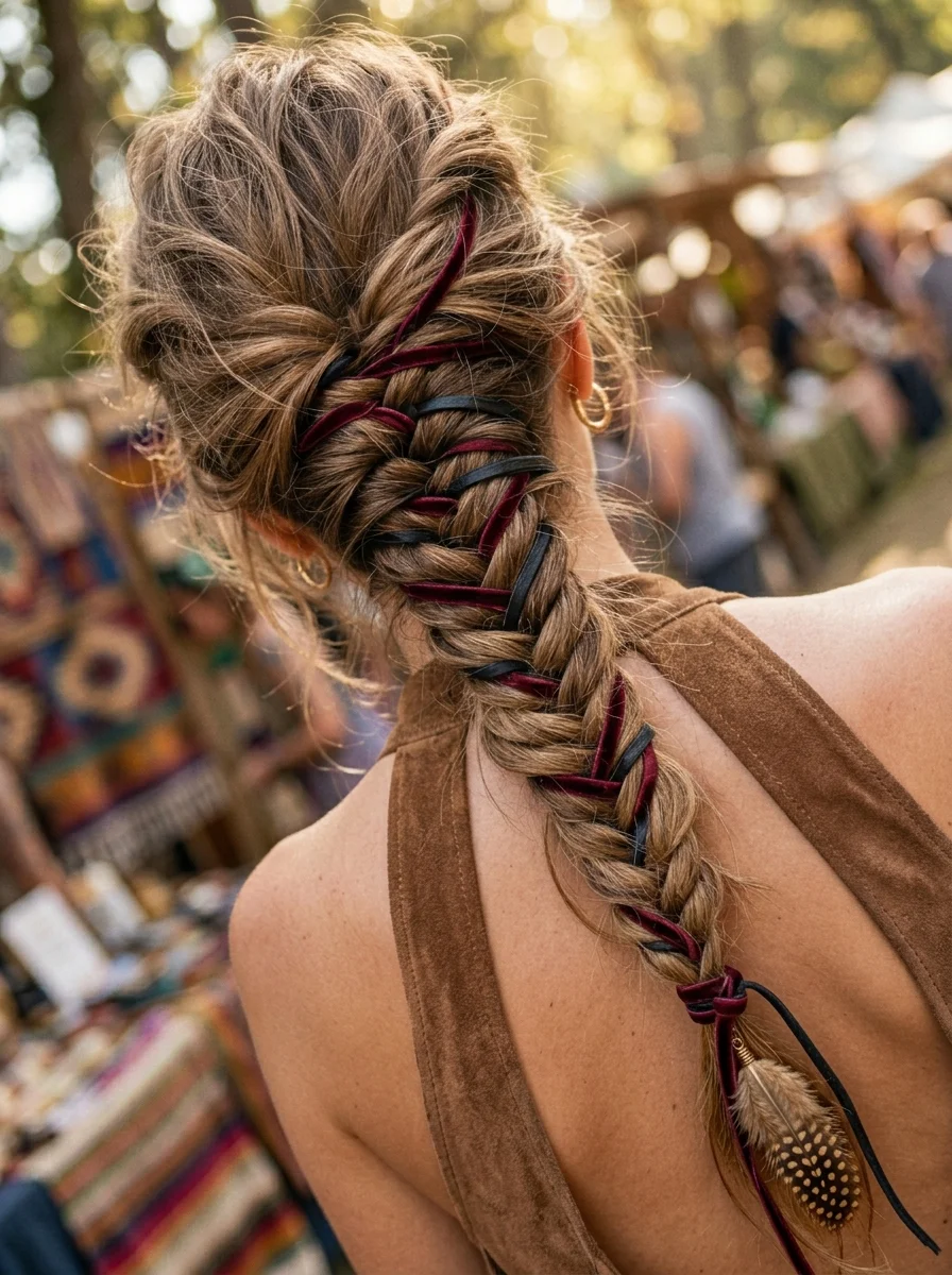 Boho Fishtail Braid with Velvet Ribbons & Feathers
