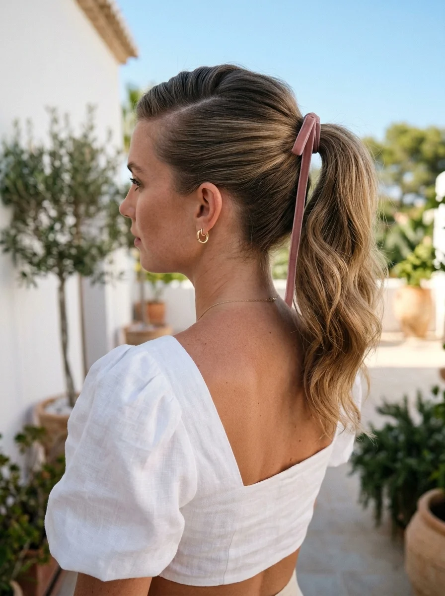 Effortless Wavy High Ponytail with Velvet Ribbon