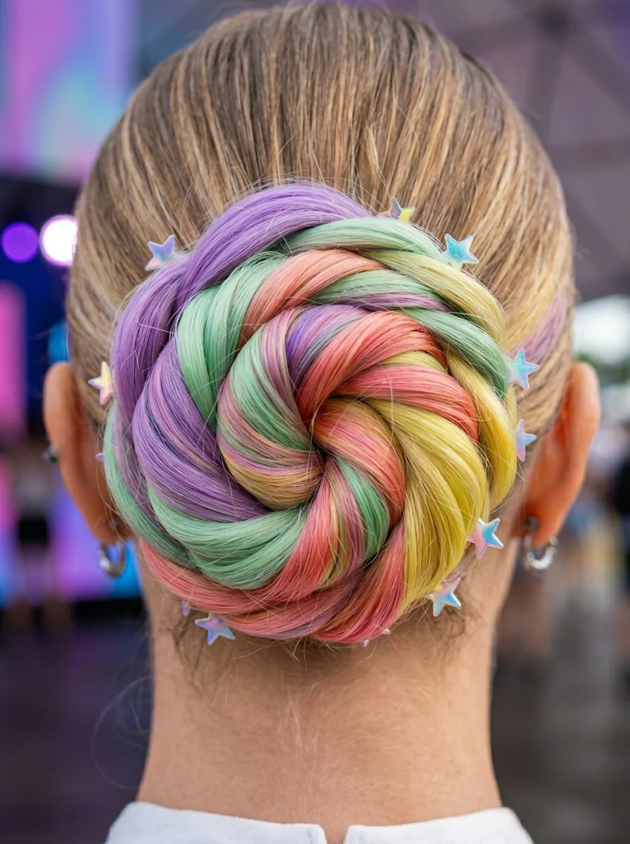 Rainbow Swirl Bun with Starry Accents