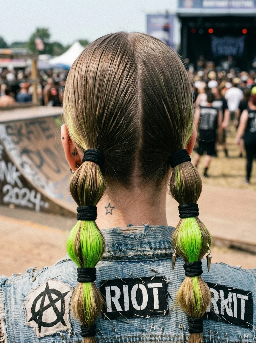 Double Bubble Braids with Electric Green Accents