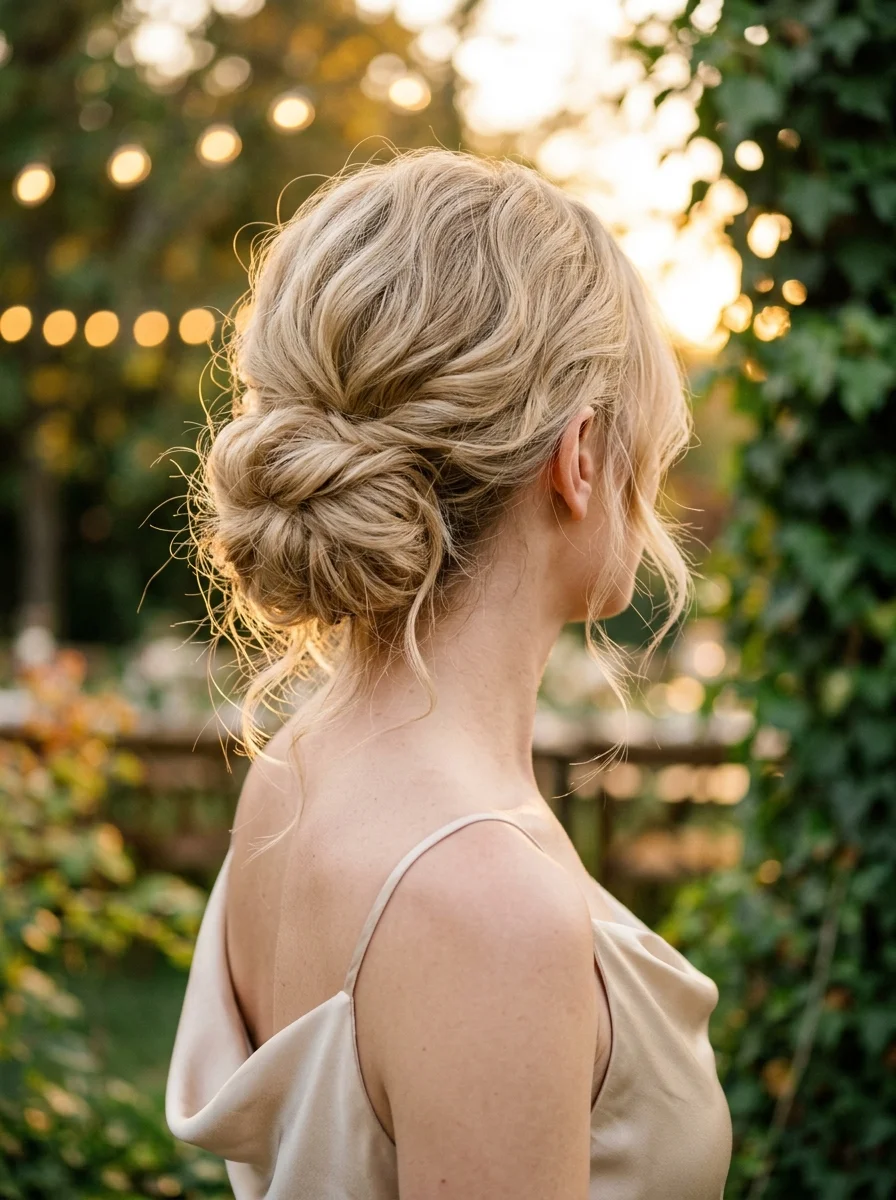 Effortless Romantic Low Updo with Loose Tendrils