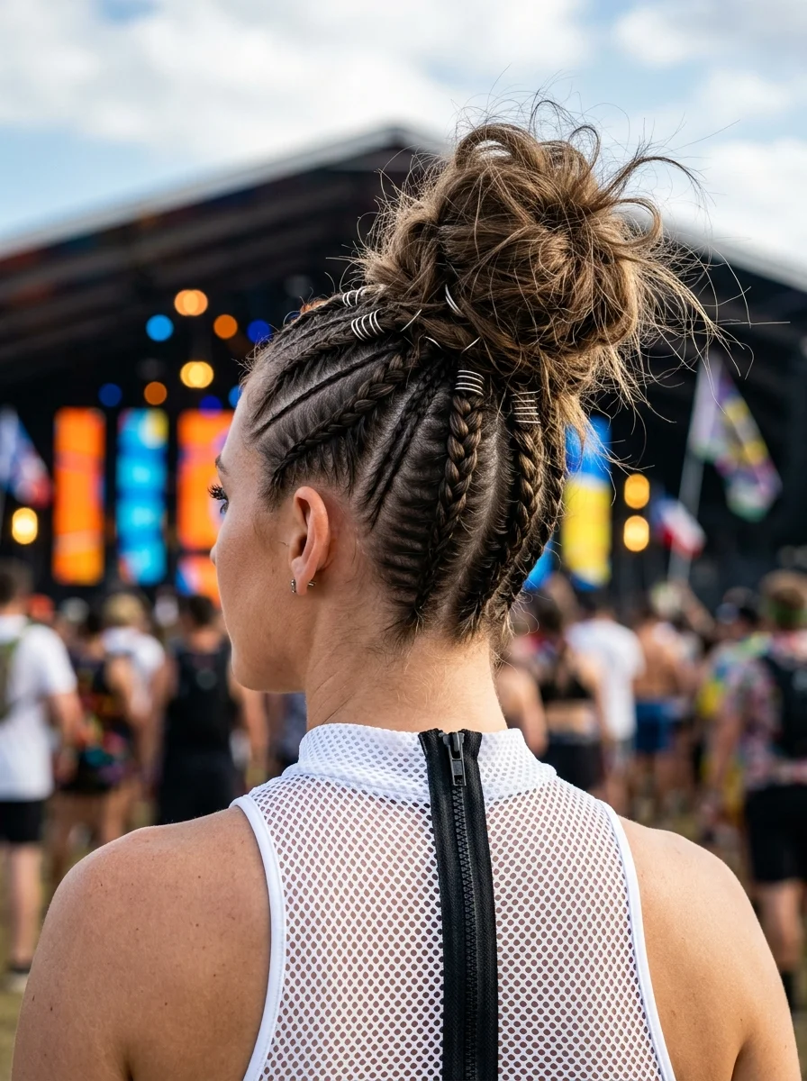 Festival Ready French Braids Bun with Silver Charms