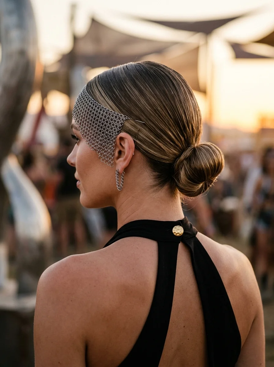 Sleek Low Bun with Chainmail Headpiece