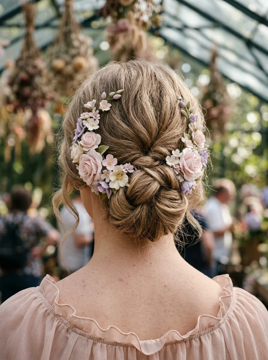 Boho Braided Updo with Floral Crown