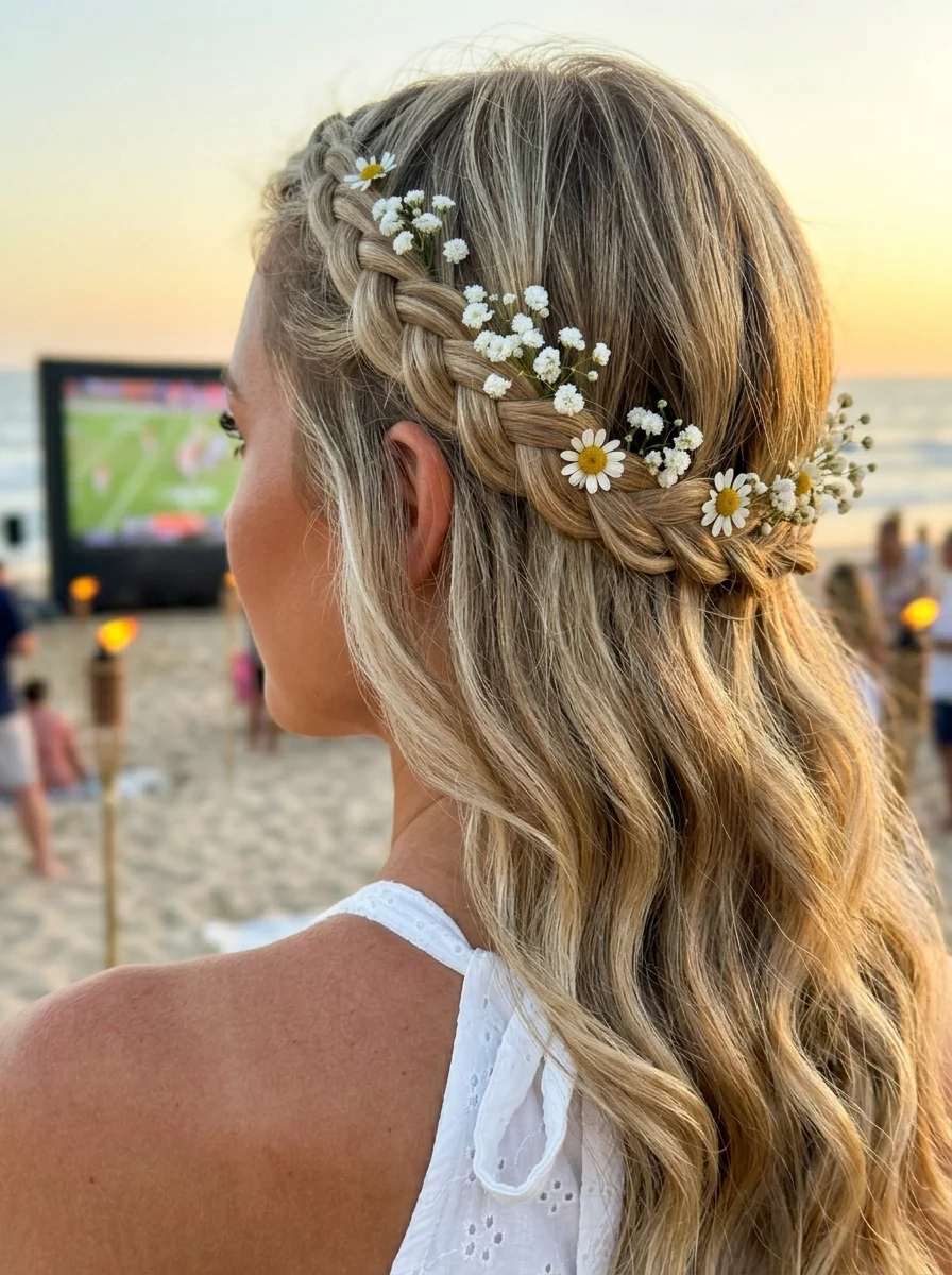 Half-Up Fishtail Braid with Daisy Accents