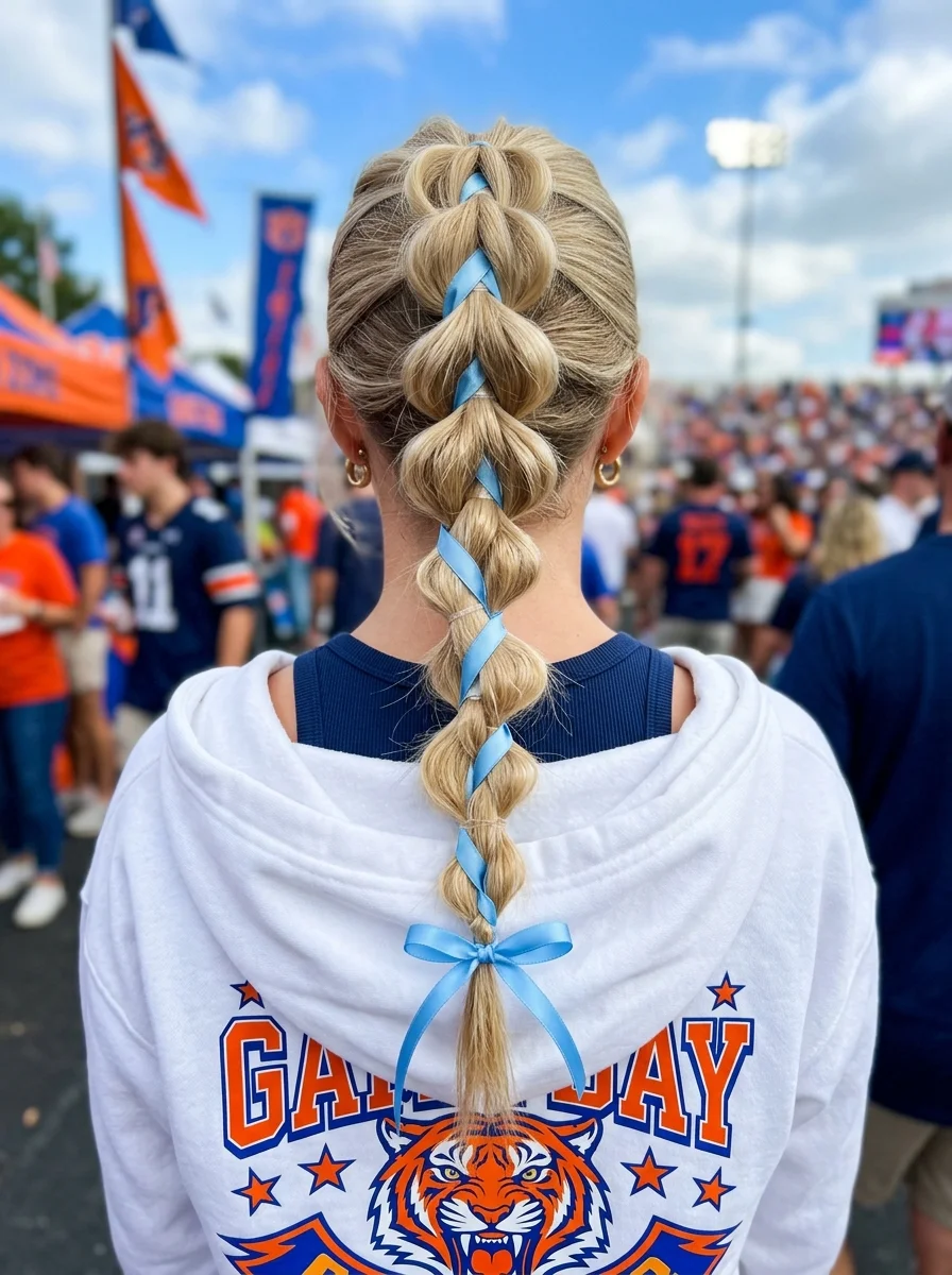 Football Braids with Light Blue Ribbons