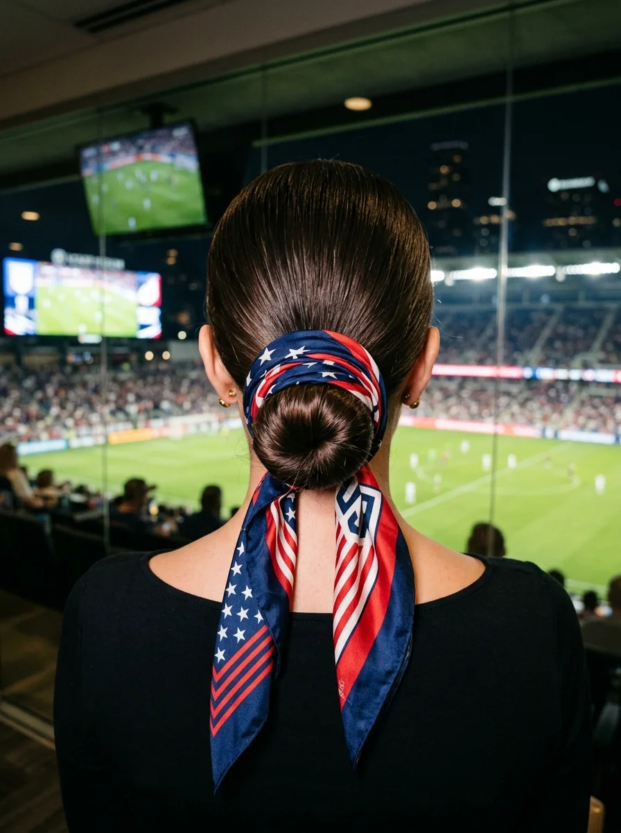 Elegant Low Bun with a Patriotic Scarf Wrap