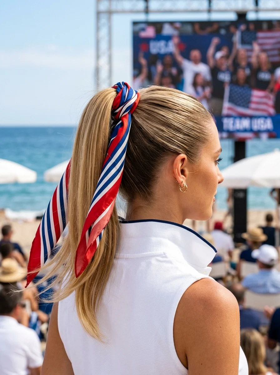 High Sleek Ponytail with Red, White & Blue Scarf