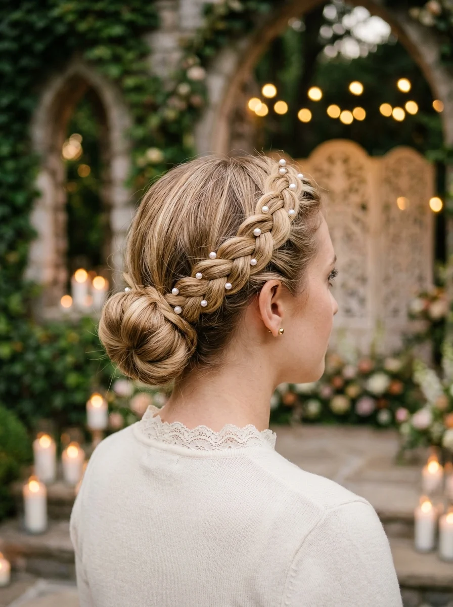Braided Crown Updo with Pearls