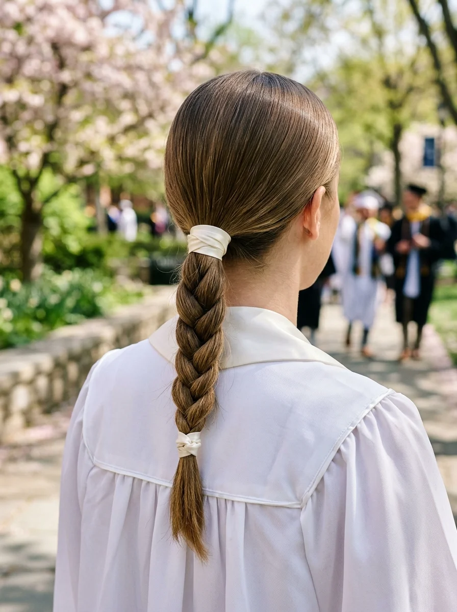 Sleek Low Braid with Silky Ribbon Wrap