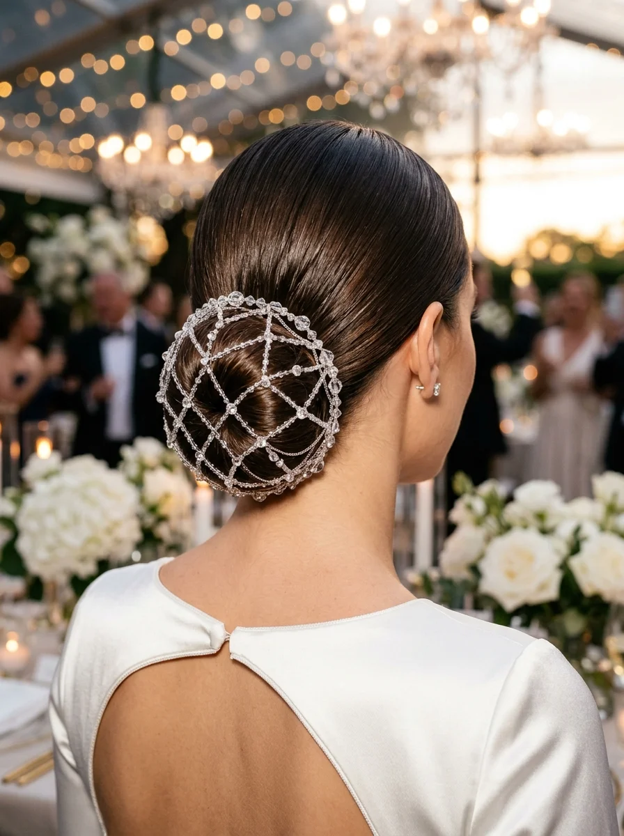 Sleek Low Bun with Crystal Beaded Cage