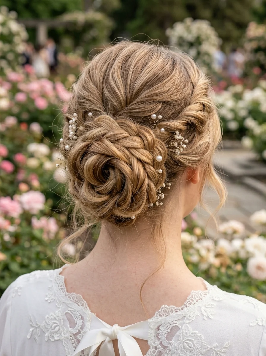 Braided Rose Updo with Pearl Accents